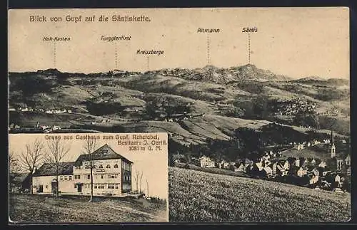AK Rehetobel, Gasthaus zum Gupf, Blick auf die Säntiskette