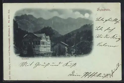 Mondschein-AK Rossfall, Gasthaus gegen das Gebirge