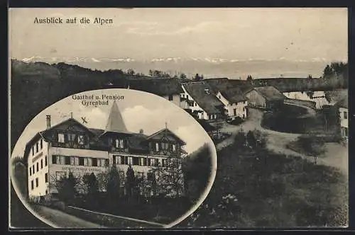 AK Gyrenbad, Gasthof u. Pension, Teilansicht mit Ausblick auf die Alpen