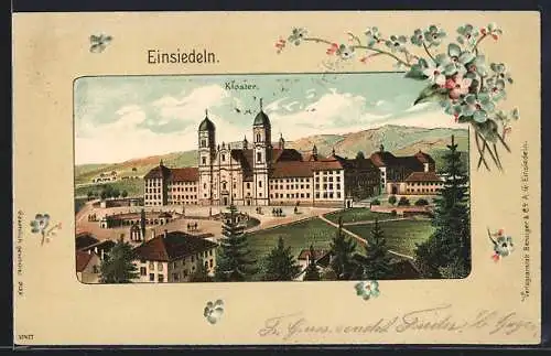 Lithographie Einsiedeln, Ansicht vom Kloster, Vergissmeinnicht