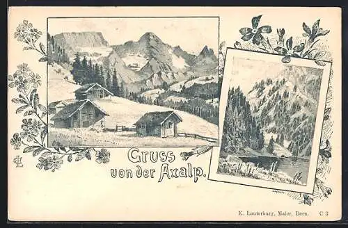 Lithographie Axalp, Hütten gegen die Berge