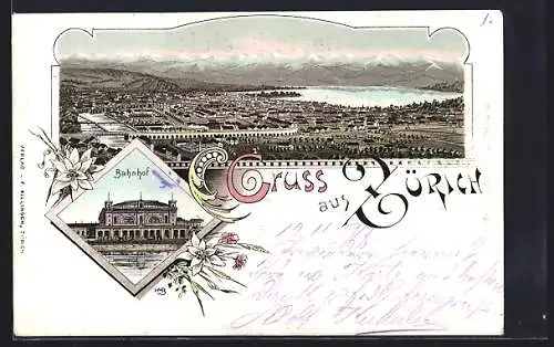 Lithographie Zürich, Bahnhof, Panoramablick auf Stadt und Umgebung