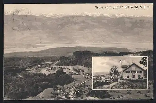 AK Wald / Zürich, Gasthaus z. Lauf mit Schweizer Flagge, Teilansicht