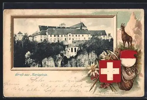 Passepartout-Lithographie Mariastein, Ortsansicht mit Wappen und Gämse