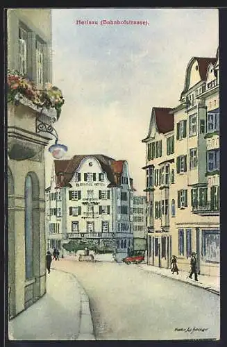 AK Herisau, Bahnhofstrasse mit Blick auf das Bristol Hotel