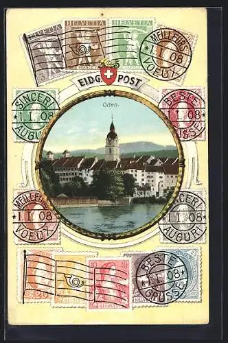 AK Olten, Teilansicht der Ortschaft, Briefmarken