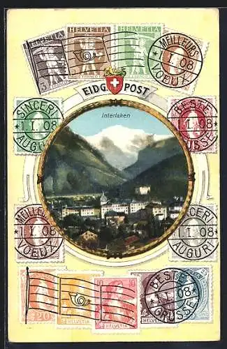 AK Interlaken, Panorama im Passepartout mit Briefmarken