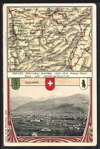 AK Appenzell, Ortspanorama, Stadtwappen, Landkarte