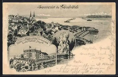 AK Neuchatel, Hotel des Alpes & Hotel Terminus, Panorama