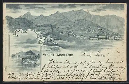 Mondschein-Lithographie Vernex-Montreux, Panorama mit Ort, Gebirge und Dampfer, Seebrücke mit Pavillon