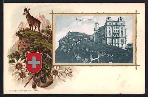 Präge-AK Rigi-Kulm, Hotel, lithographiertes Passepartout mit Gemse