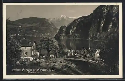 AK Hergiswil a. See, Hotel Pension Roggerli mit See und Bergen