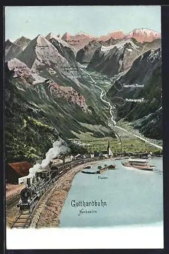 AK Flüelen, schweizer Eisenbahn Gotthardbahn am See