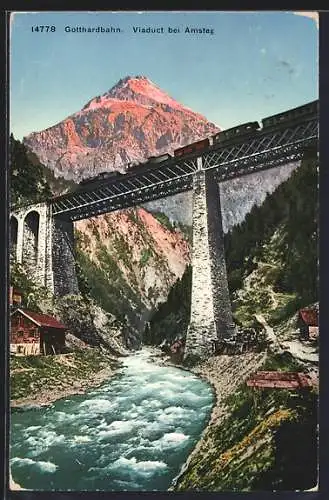 AK Amsteg, Gotthardbahn auf dem Viadukt
