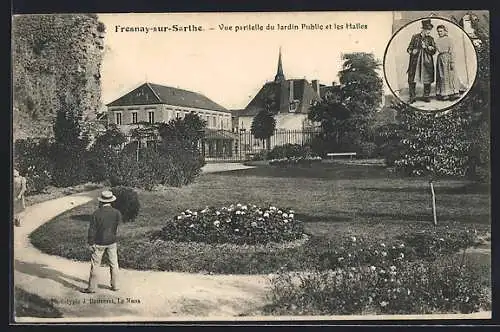 AK Fresnay-sur-Sarthe, Vue partielle du Jardin Public et les Halles