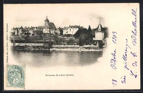 AK Luché, Panorama de la ville au bord de l`eau, Sarthe