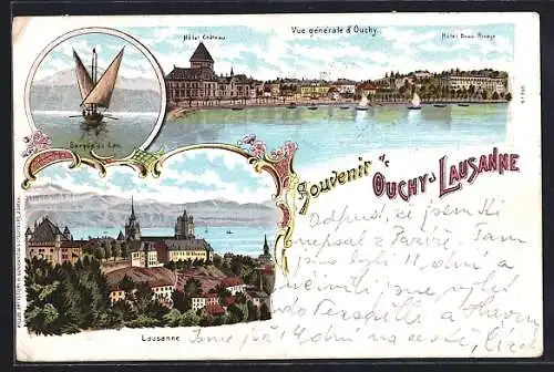 Lithographie Ouchy et Lausanne, Vue générale d`Ouchy, Hotel Beau Rivage, Barque du Lac