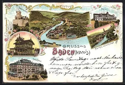 Lithographie Baden, Restaurant Berna, Grand Hotel, Casino, Schartenfels