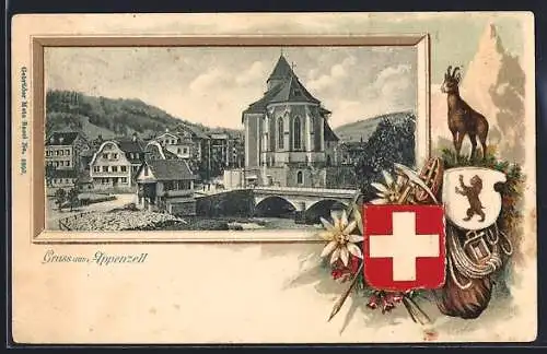 Lithographie Appenzell, Ortsansicht mit Wappen