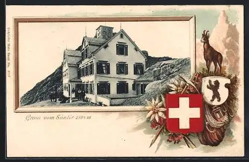 Passepartout-Lithographie Appenzell, Gasthaus auf dem Säntis, Wappen