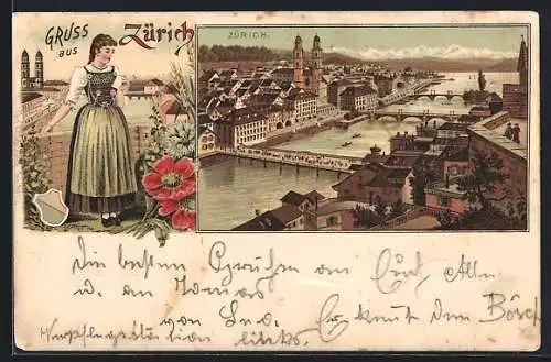 Lithographie Zürich, Gesamtansicht mit Brücke, Frau in Tracht