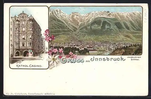 Lithographie Innsbruck, Gesamtansicht, Kathol. Casino