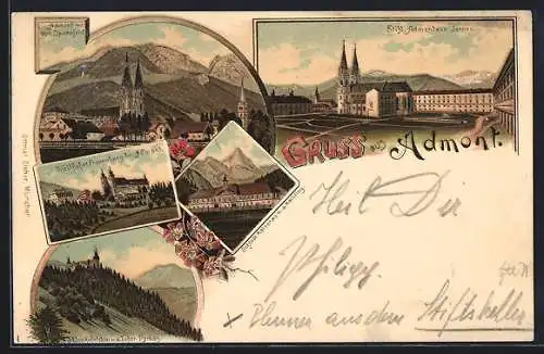 Lithographie Admont, Ortsansicht mit Stift Admont von Jennen, Wallfahrt Frauenberg & Schloss Kaiserau m. Kaibling