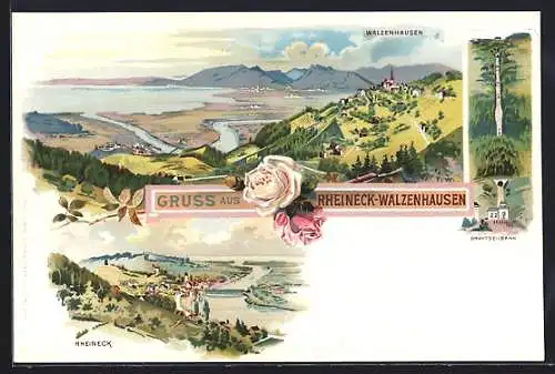 Lithographie Rheineck-Walzenhausen, Blick auf die beiden Ortsteile, Drahtseilbahn