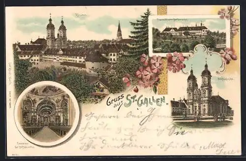 Lithographie St. Gallen, Inneres der Stiftskirche, Stiftskirche, Frauenkloster Notkersegg, Kloster