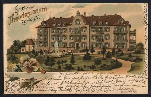 Lithographie Zürich, Theodosianum, Fontäne, Blumen