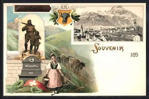 Lithographie Altdorf / Uri, Chocolad Suchard, Ortsansicht, Sennerin vor dem Tell-Denkmal, Wappen