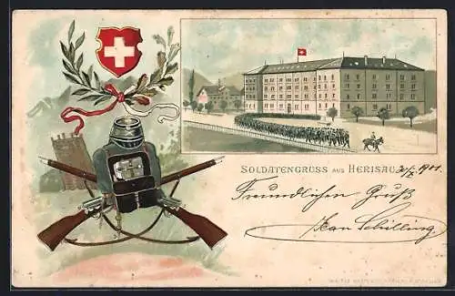 Lithographie Herisau, Parade bei der Kaserne