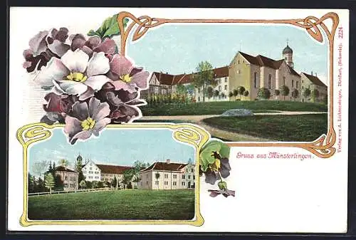 Passepartout-Lithographie Münsterlingen, Ortsansicht mit Kirche und Blumen-Dekor