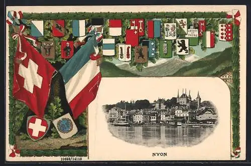 Passepartout-Lithographie Nyon, Ortspartie vom Wasser aus gesehen, Wappen