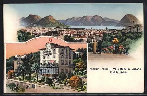 Künstler-AK Lugano, Pension Induni, Villa Daheim, Ortsansicht