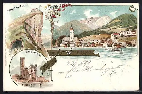 Lithographie St. Wolfgang / Wolfgangsee, Ortsansicht, Leuchtthurm, Schafberg