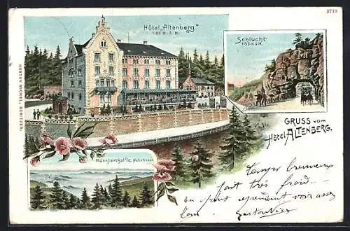 Lithographie Wildenstein, Hotel Altenstein, Schlucht, Blick ins Münstertal