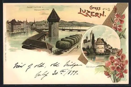 Lithographie Luzern, Kapellbrücke und Wasserthurm, Nöllithurm