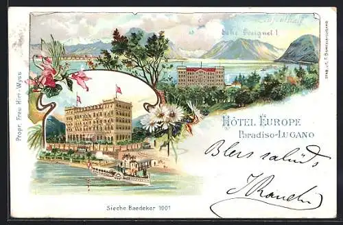 Lithographie Paradiso-Lugano, Hotel Europe mit Dampfer und See