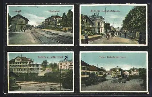 AK Flawil, Bahnhof, Mittlere Bahnhostrasse, Fabrik und Villa Naef