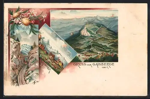 Lithographie Salzburg, Gaisberg, Ortsansicht mit Gaisberg, Bergbahn, Blumenmotiv