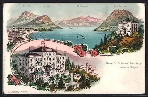 Lithographie Lugano, Hotel St. Gotthard Termiuns