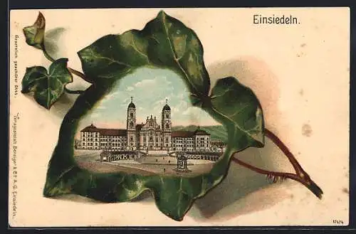 Passepartout-Lithographie Einsiedeln, Ansicht der Wallfahrtskirche auf Efeublatt