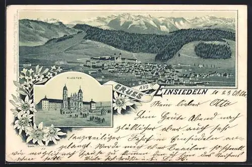 Lithographie Einsiedeln, Kloster, Ortsansicht aus der Vogelschau