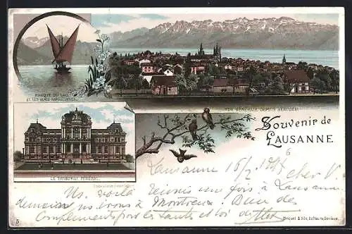 Lithographie Lausanne, Barque du Lac, Le Tribunal Fèdéral, Vue Generale depuis Beaulieu