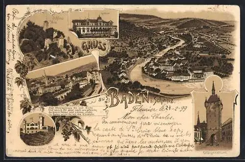 Lithographie Baden, Casino, Schloss Stein, Schartenfeld, Gefängnisturm