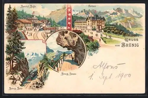 Lithographie Brünig, Bahnhof-Buffet, Hotel Kurhaus, Bahn mit Alpen