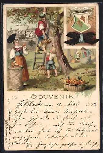 Lithographie Frauenfeld, Reklame f. Suchard Schokolade, Familie bei der Apfelernte