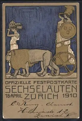 Künstler-AK Zürich, Festpostkarte Sechseläuten 18. April 1910, römisch antiker Streitwagen mit Löwen