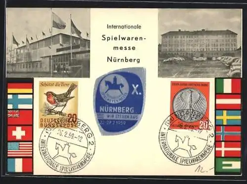 AK Nürnberg, Internationale Spielwarenmesse 1959, Ausstellungshalle, Parkplatz, Nationalflaggen